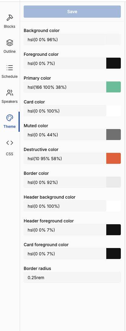Theme panel in the new event site editor